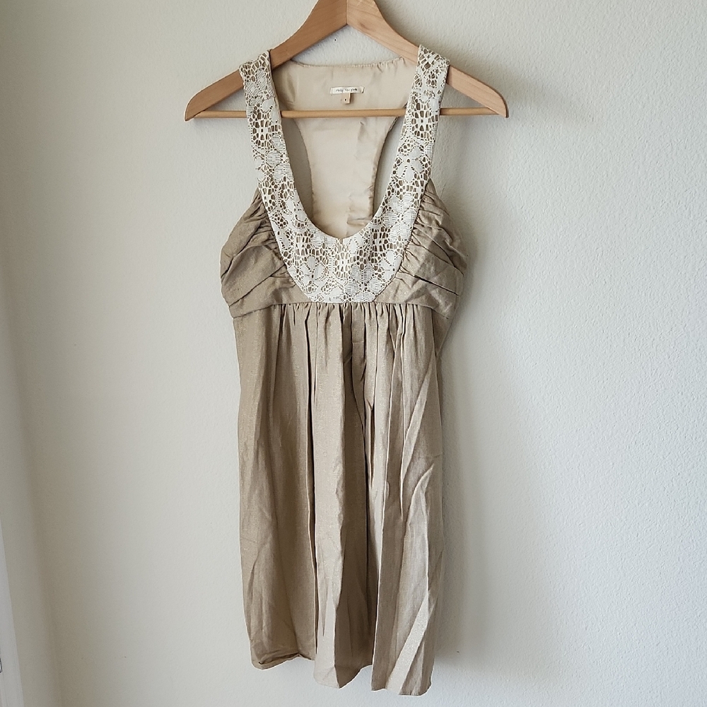 Molly New York Cream Linen Blend Mini Dress with Lace Accents Sz 2 Made in USA